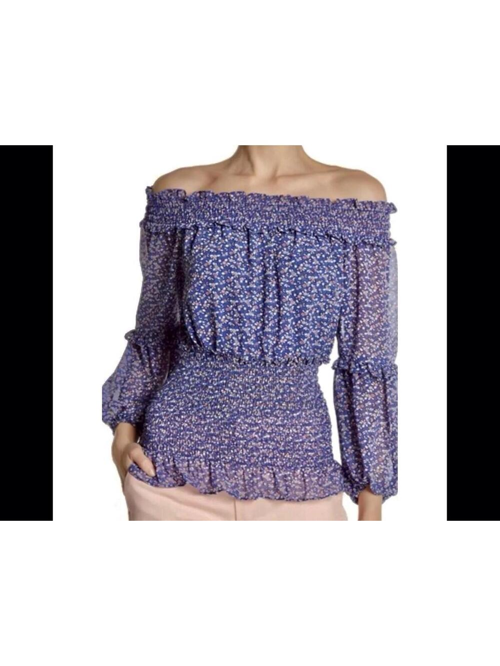 Max Edition Womens Off Shoulder Floral Smocked Blouse Balloon Sleeve Size M Blue